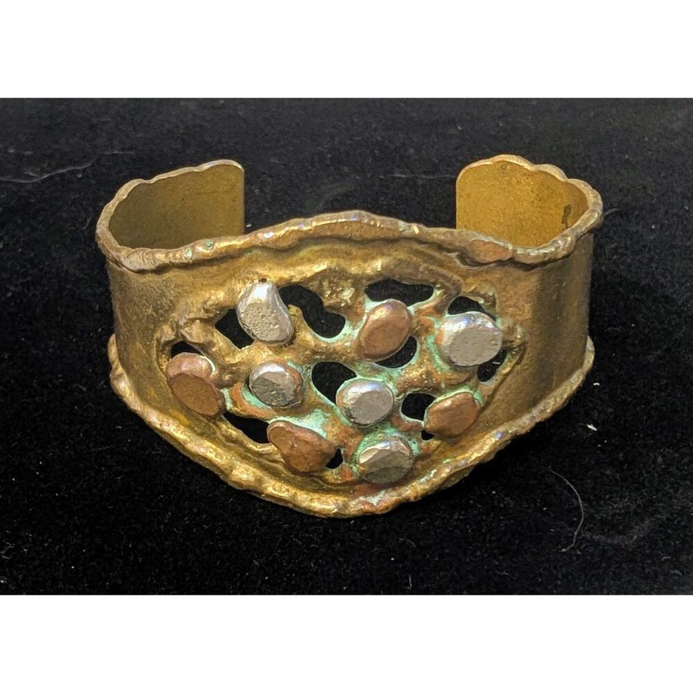 Brutalist Mixed Metal Brass Copper Silvertone Wide Cuff Stone Bracelet Vintage